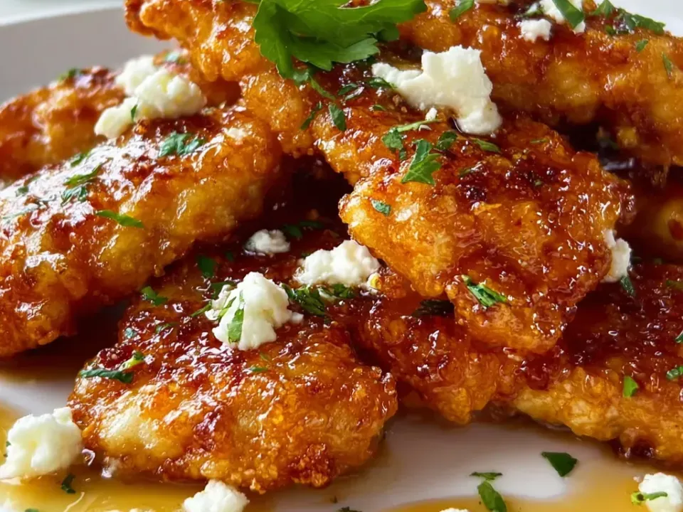 Craggy deep-fried chicken pieces on a white plate coated in glossy amber hot honey, scattered with crumbled white feta and chopped parsley, honey pooling beneath
