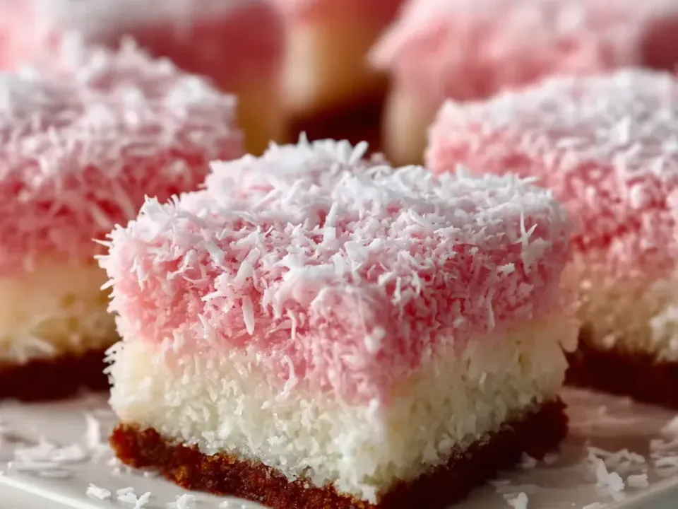Square cake bars with a dark brown chocolate base, a thick white coconut layer and a pink shredded-coconut top, with loose coconut on the plate