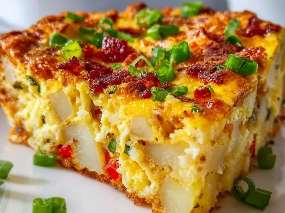 A thick square of baked egg breakfast casserole with diced potato, red bell pepper and crumbled bacon under browned cheddar and sliced green onion