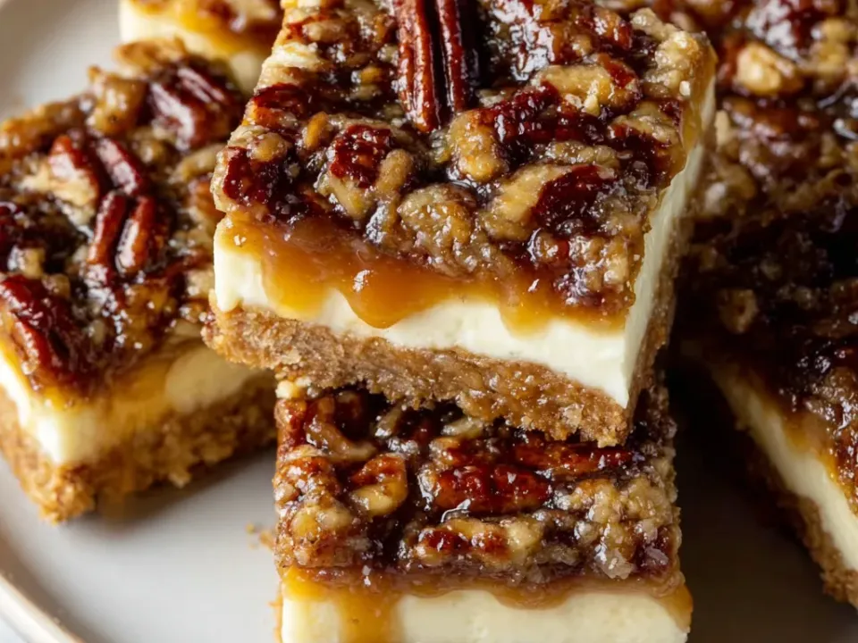 Stacked bars showing a graham crust, a white cheesecake layer, and a pecan pie topping