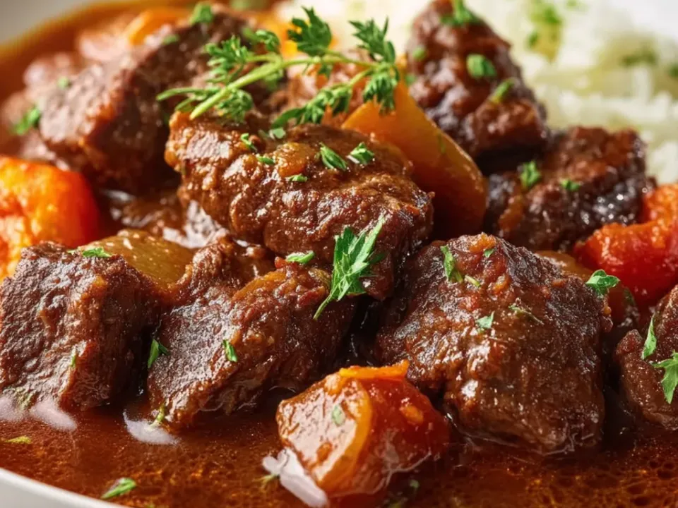 Braised beef chunks with green and red pepper pieces and onion wedges in a brown sauce, beside white rice