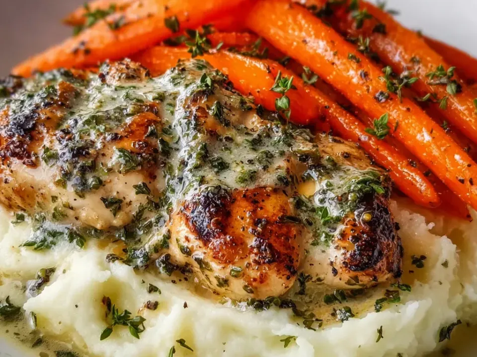 Browned chicken pieces under a herb butter sauce on a bed of mashed potato with glazed roasted carrots alongside, on a white plate