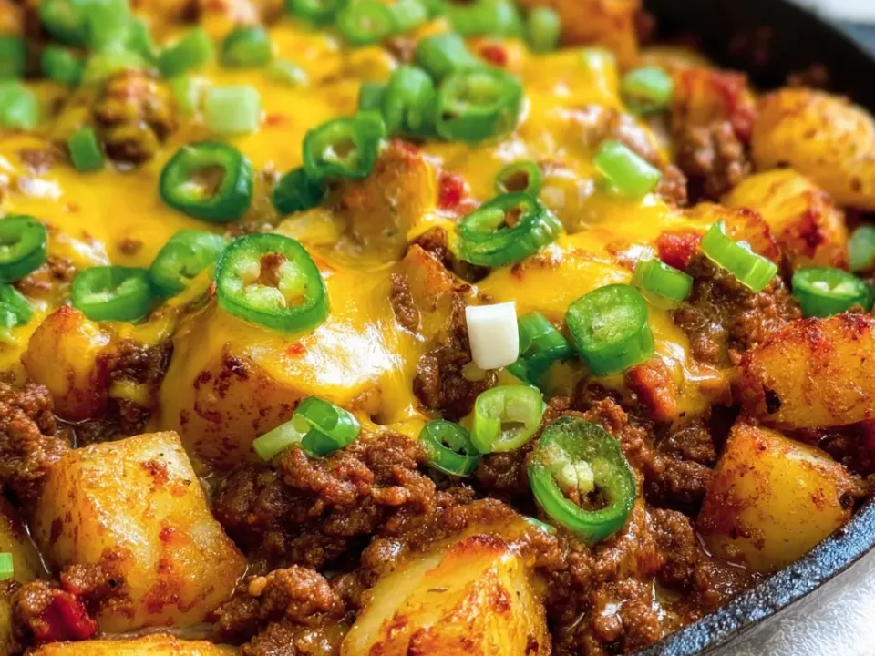 A cast-iron skillet of cubed potatoes and seasoned ground beef under melted cheddar, topped with sliced jalapeño and spring onion