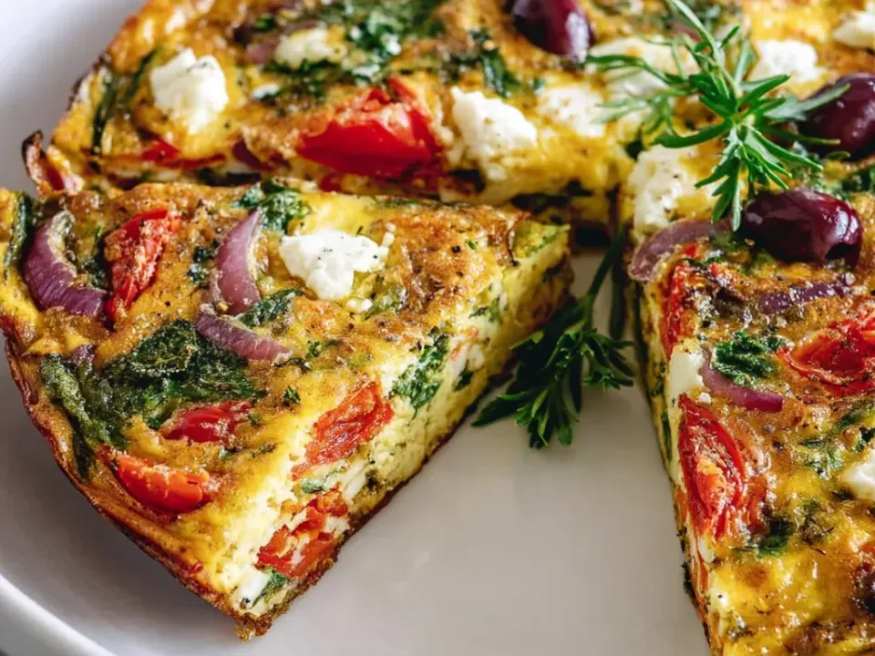 A round set egg bake deeply golden at the edges with one wedge cut away, holding crumbled feta, whole dark olives, roasted red pepper strips, sliced red onion and wilted spinach