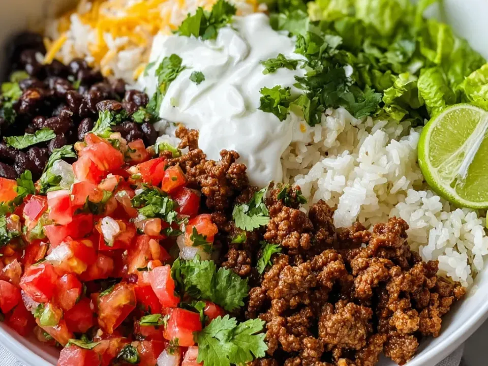 A wide bowl arranged in sections: white rice flecked with chopped cilantro, seasoned browned ground beef, black beans, chopped tomato salsa, sour cream, shredded cheese, romaine and a lime wedge