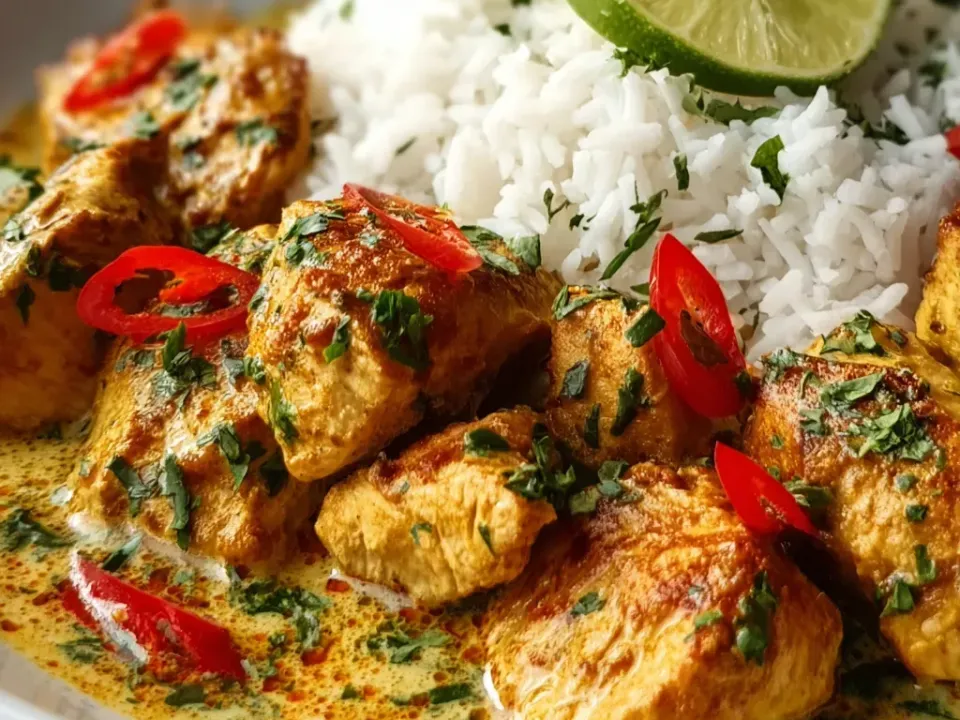 Chunks of chicken in a pale yellow coconut-lime sauce with sliced red chilli and chopped herbs in a wide bowl, beside white rice and a lime wedge