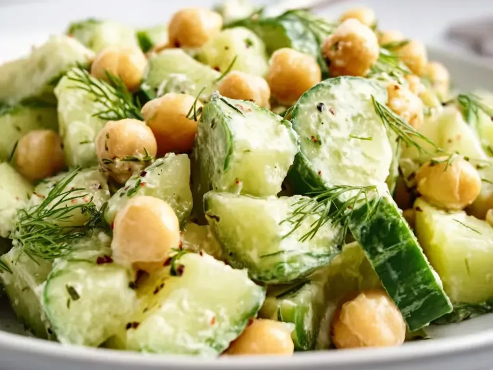 A white bowl of thick-cut cucumber chunks with the skin on, whole chickpeas, abundant dill fronds and red chili flakes in a light creamy dressing