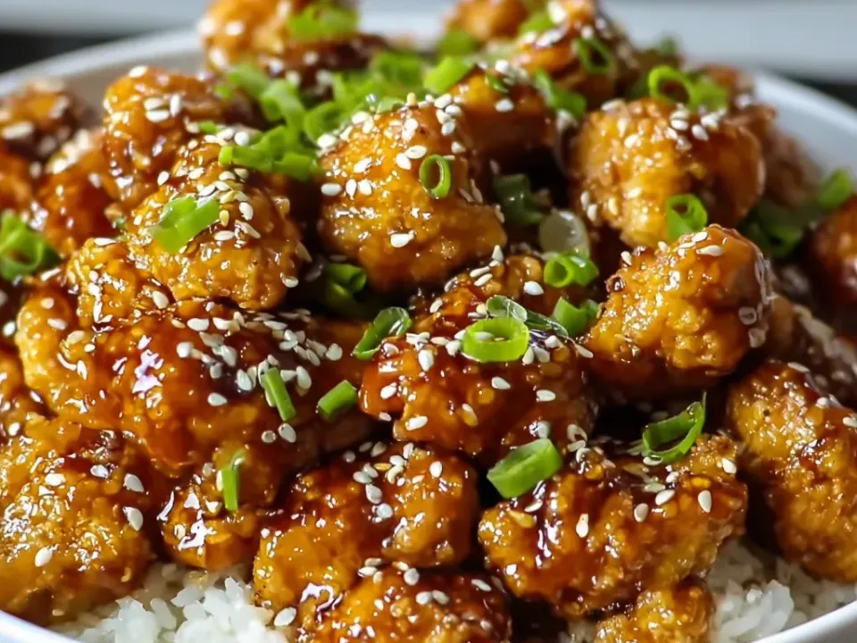 Crisp battered chicken pieces in a glossy dark sauce over white rice in a white bowl, heavily scattered with white sesame seeds and sliced green scallion
