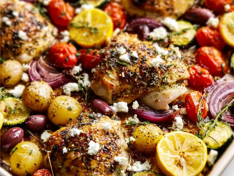 Browned bone-in chicken thighs with baby potatoes, zucchini rounds, blistered cherry tomatoes, red onion wedges, whole olives and lemon slices on a sheet pan, scattered with crumbled feta and thyme