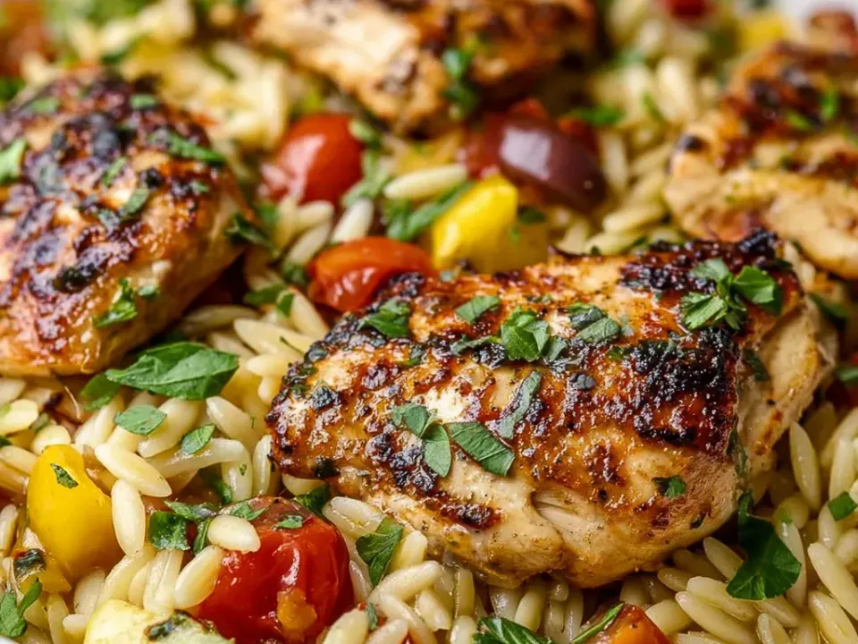 Browned chicken pieces with dark charred edges on orzo with halved cherry tomatoes, yellow pepper, zucchini and whole kalamata olives in a pale bowl, with heavy parsley