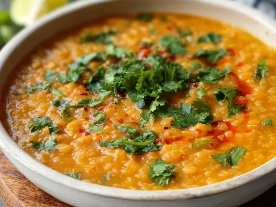 A thick orange red-lentil soup in a bowl with chopped cilantro and streaks of chilli oil, lime wedges behind