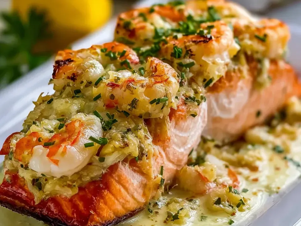 Two baked salmon fillets with golden edges, each topped with a thick crab and shrimp stuffing, in a pale creamy sauce with chives