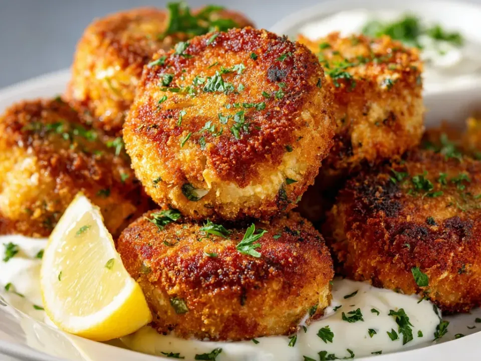 Round breaded patties fried deep golden-brown and flecked with parsley, stacked on a plate over a white creamy sauce with a lemon wedge