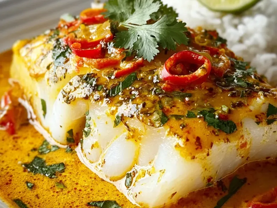 A thick white cod fillet in visible flakes sitting in an orange coconut curry sauce with red chilli slices and cilantro, white rice at the edge of a white dish