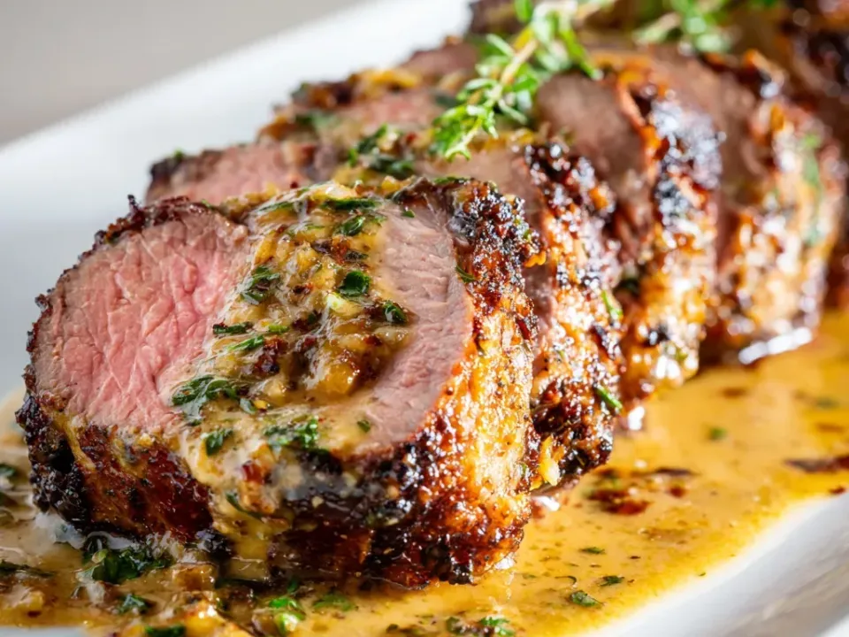 A whole beef tenderloin cut into thick medallions with dark herb-crusted exteriors and rosy pink centres on a white platter, spooned with pale golden mustard pan sauce and topped with fresh thyme sprigs