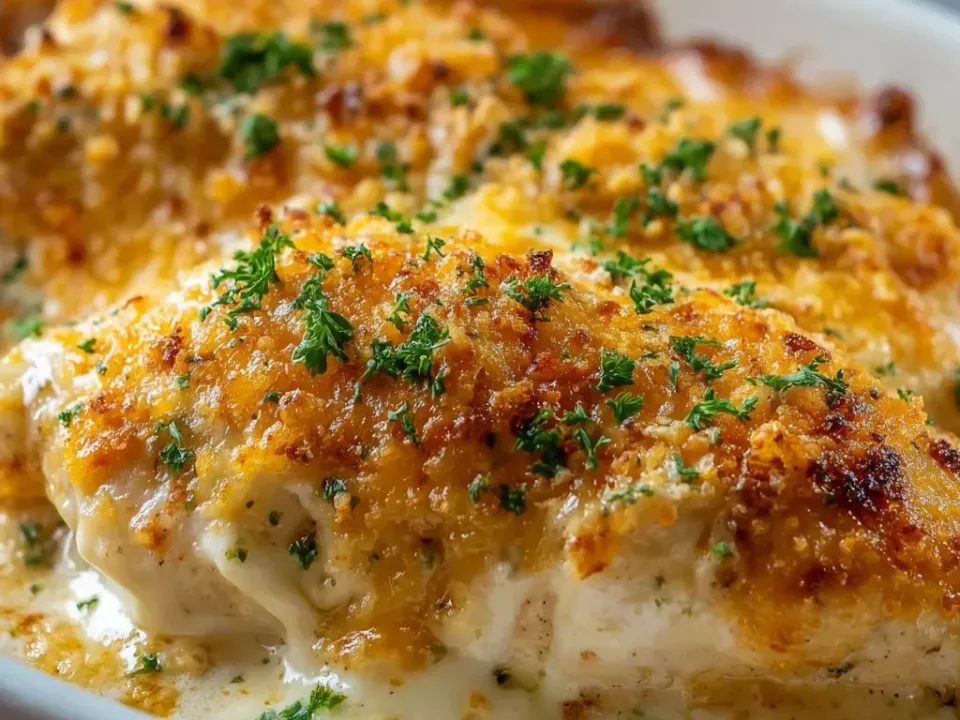 Whole chicken breasts in a white oval dish sitting in a thick white creamy sauce, each under a golden-brown crumb and cheese crust and scattered with chopped parsley