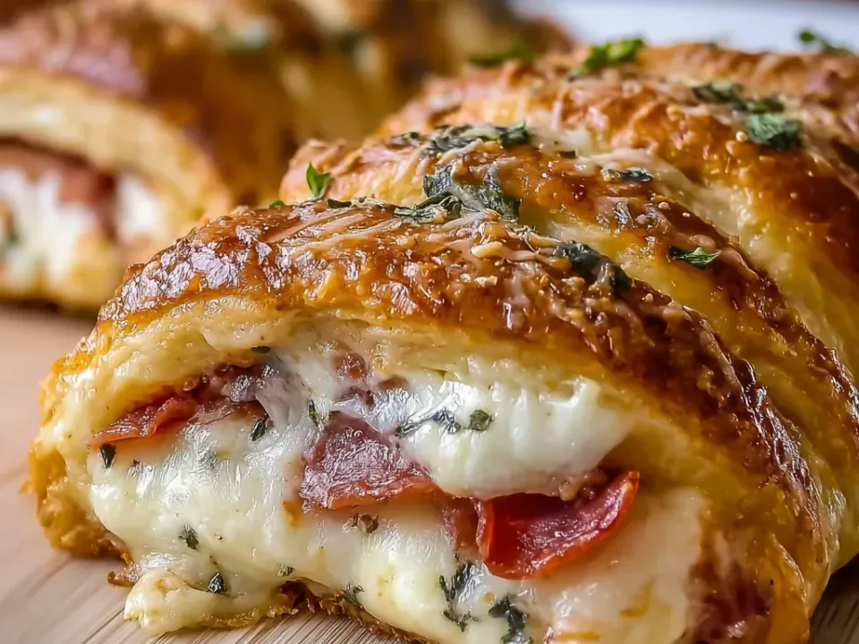 A baked crescent-dough loaf, deeply golden with a glazed top scattered with grated Parmesan and green herb, cut open to show layered cured meats and melted white cheese