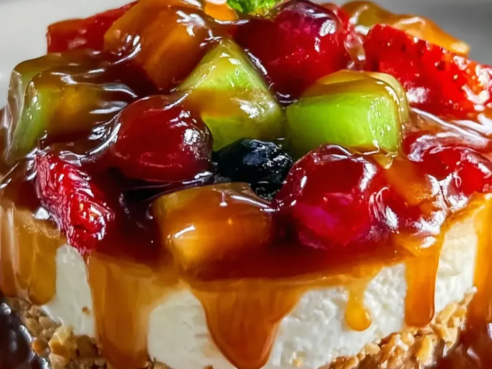 A round no-bake cheesecake on a golden pressed crumb base heaped with diced kiwi, halved cherries, sliced strawberry, blueberries and mango, flooded with amber caramel running down the sides with a mint sprig on top