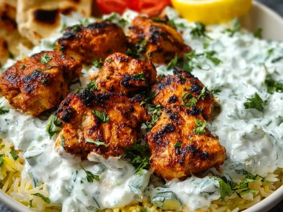 A bowl of charred red-spiced chicken chunks over yellow rice with thick tzatziki showing grated cucumber and herbs, cherry tomato halves, a lemon wedge and grilled flatbread
