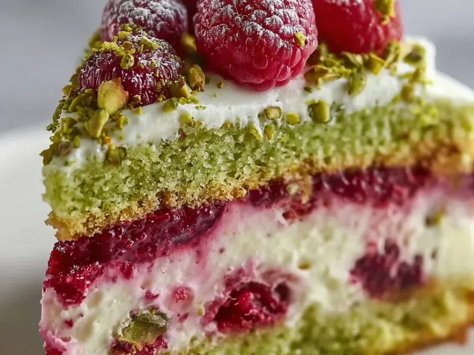 A slice of layer cake with pale green pistachio sponge, thick white cream holding raspberries and a bright red raspberry layer, topped with cream, whole raspberries and chopped pistachios