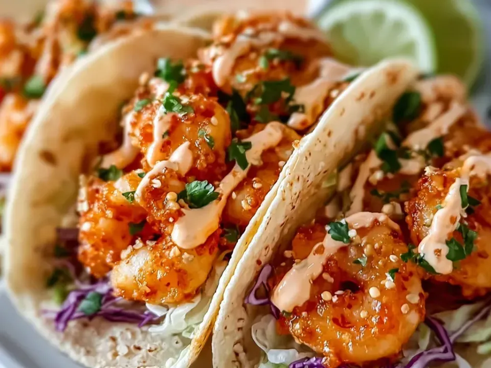 Soft flour tortillas holding shredded green and purple cabbage topped with battered fried shrimp in an orange-red glaze, drizzled with creamy pale orange sauce, cilantro and sesame seeds