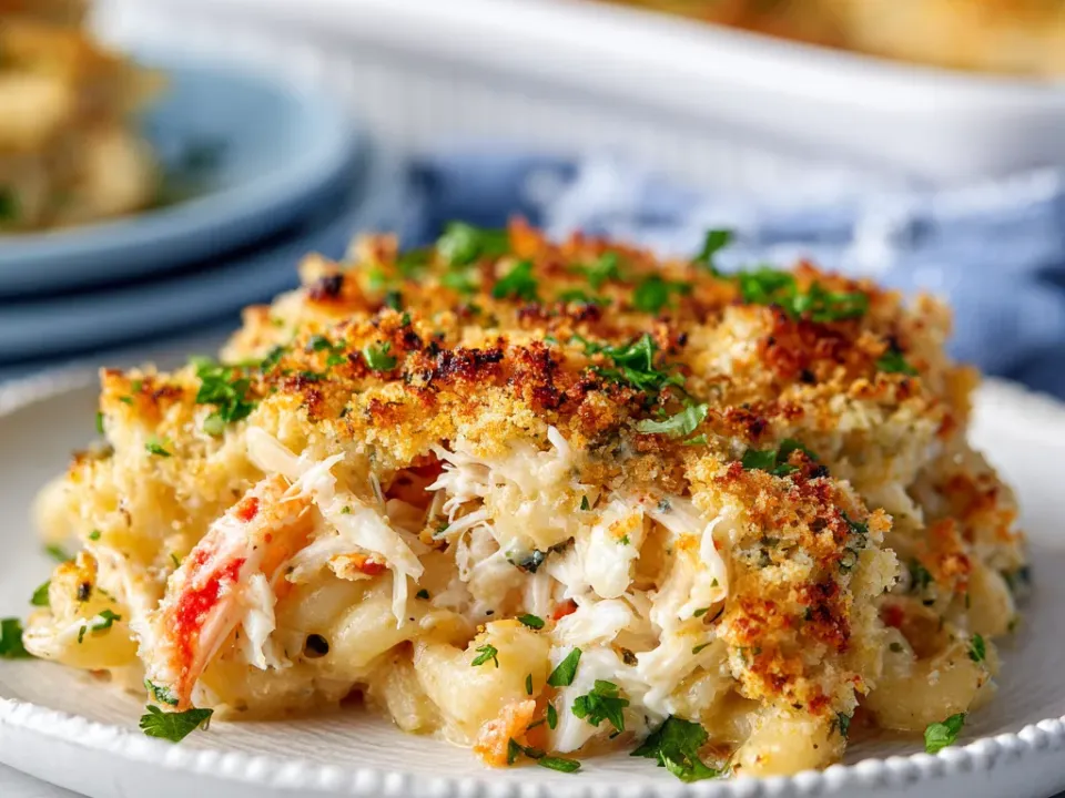 A plated square of crab casserole with small pasta and large pieces of white crab in a creamy sauce under a golden breadcrumb crust, garnished with parsley