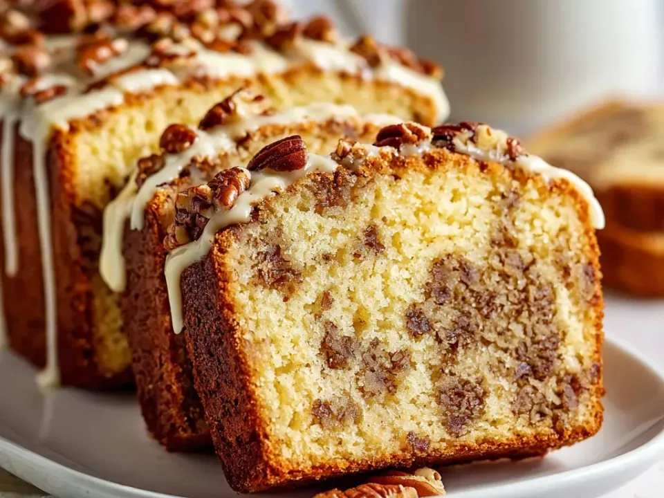 Thick slices of golden loaf cake marbled with brown-sugar pecan ribbons, topped with white glaze drizzle and chopped pecans