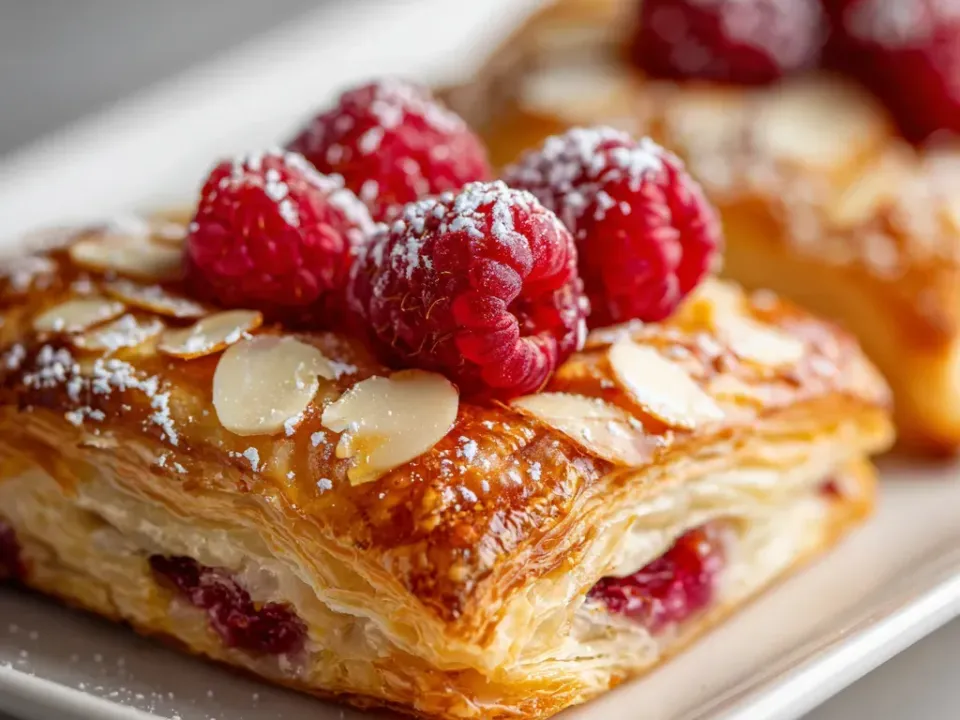 A rectangular puff pastry with high flaky layers and a glazed golden top scattered with sliced almonds and powdered sugar, crowned with fresh raspberries, the cut side showing baked raspberry in a pale almond cream