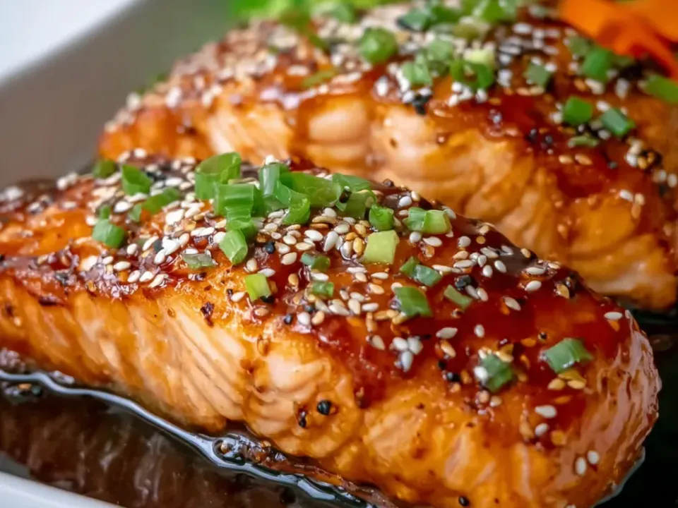 Salmon fillets under a dark glossy teriyaki glaze scattered with sesame seeds and sliced spring onion, with broccoli and carrot just visible behind