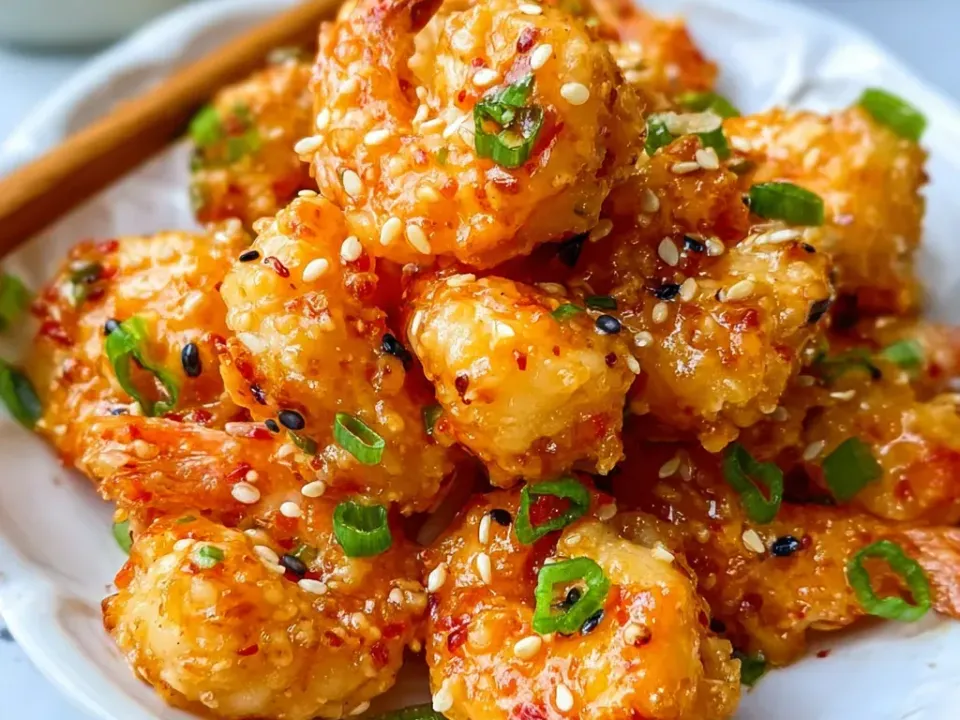 Crisp-coated shrimp glossed in a creamy orange-red bang bang sauce on a white plate, scattered with white and black sesame seeds, sliced green onion and chilli flakes