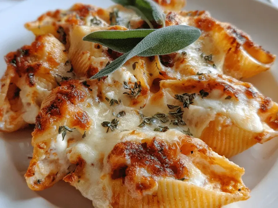 Jumbo pasta shells filled with pumpkin ricotta, sitting in marinara under melted mozzarella in a baking dish