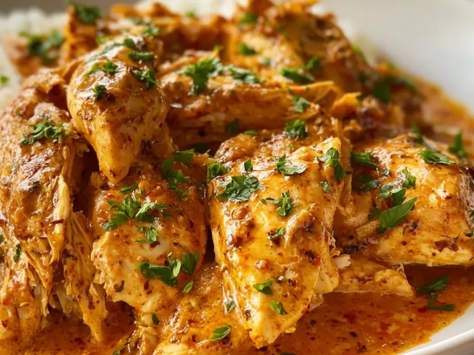 Pieces of chicken in an orange-red buttery Cajun sauce flecked with chilli and topped with parsley, beside a portion of white rice