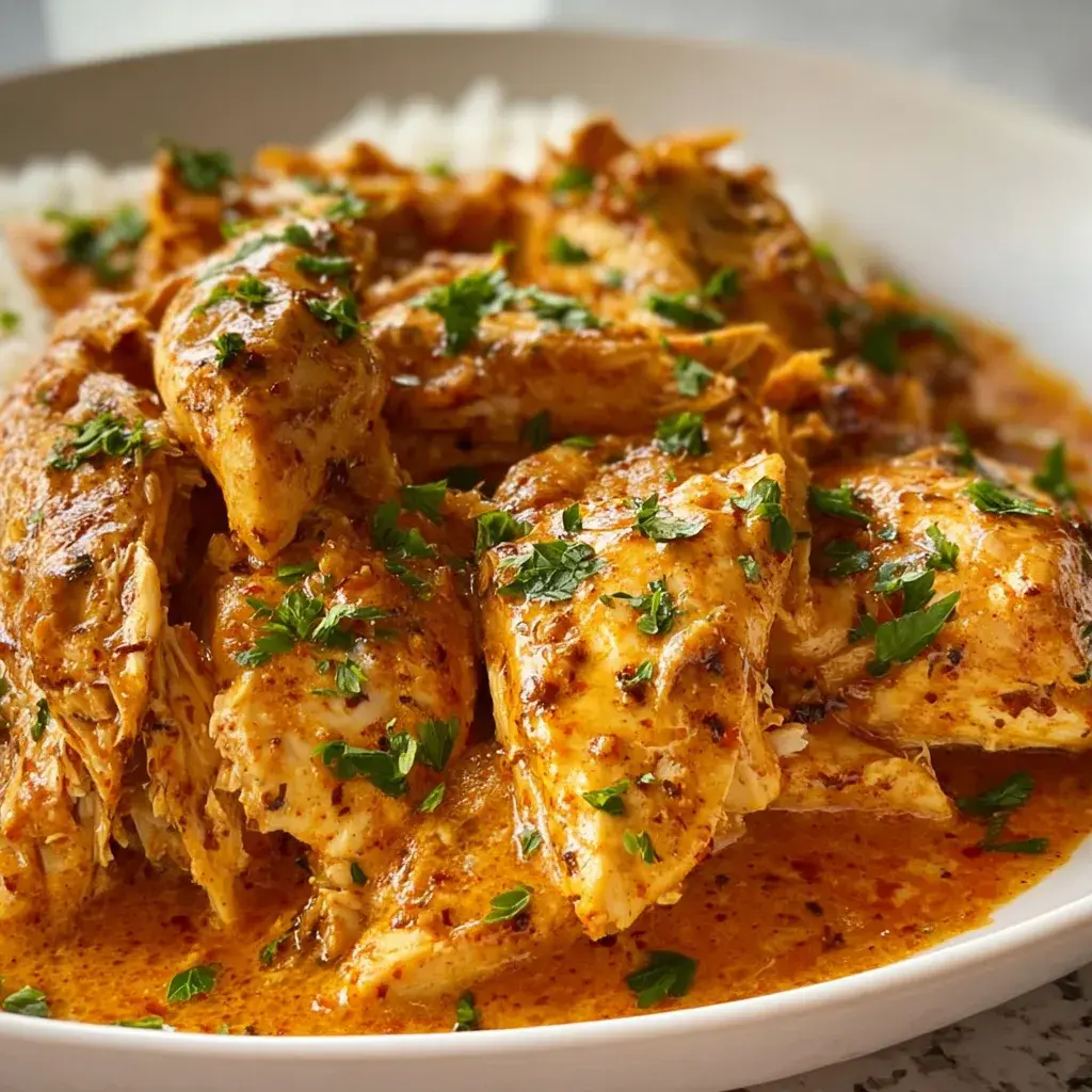 Pieces of chicken in an orange-red buttery Cajun sauce flecked with chilli and topped with parsley, beside a portion of white rice