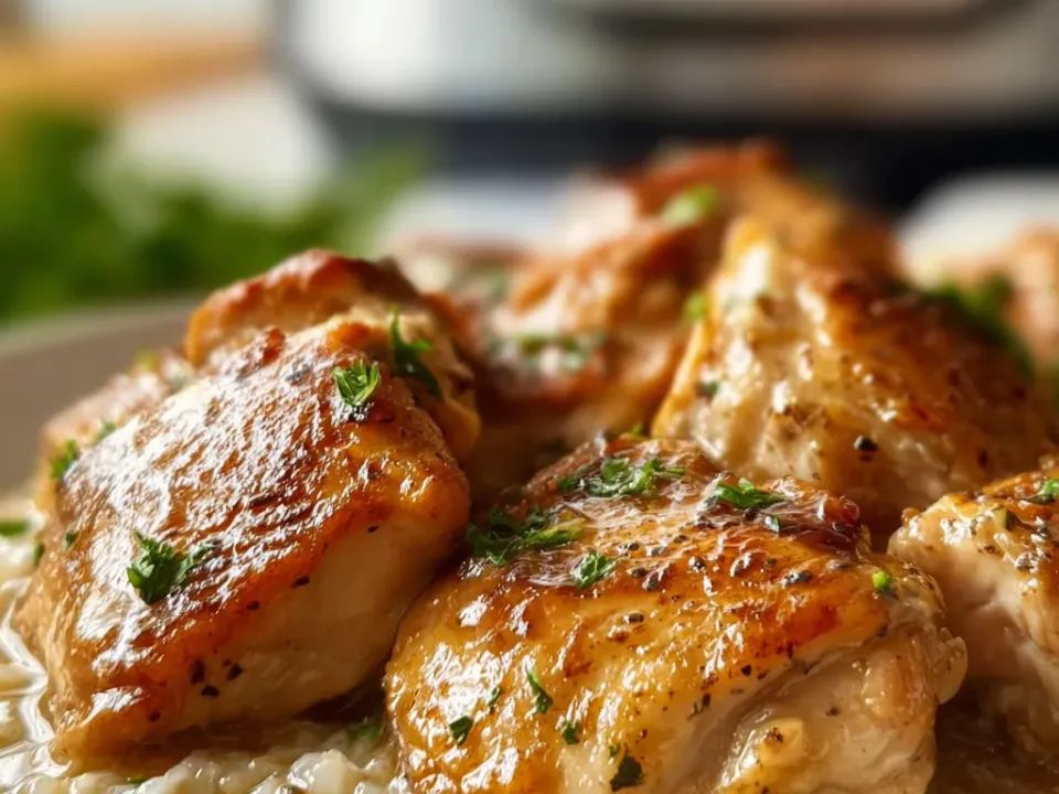 Golden browned chicken thighs sitting on creamy white rice in a slow cooker