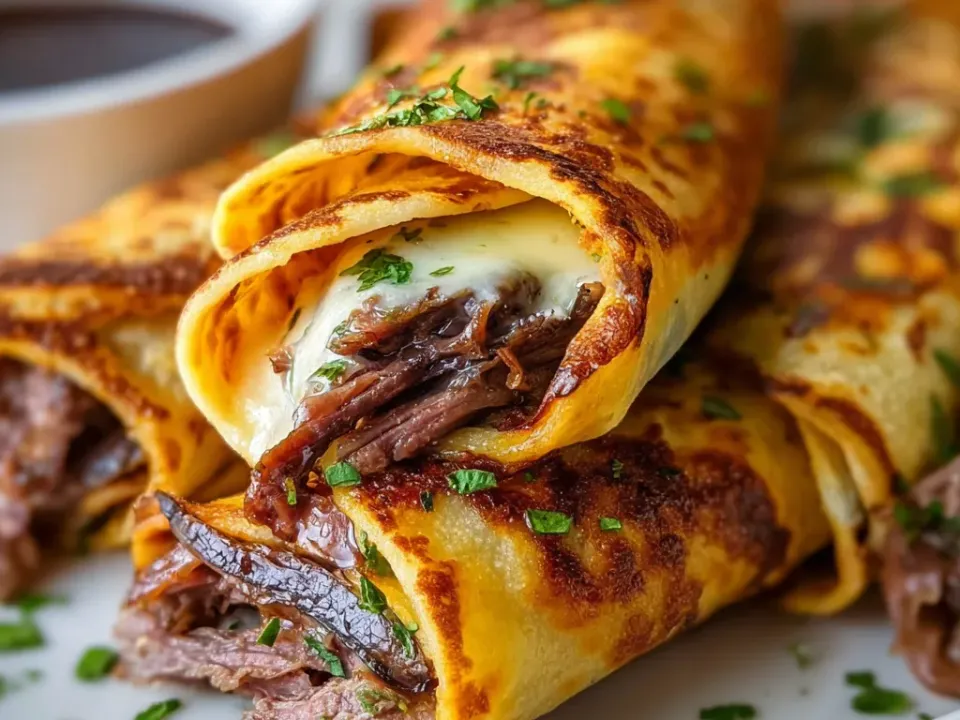 Sliced tortilla roll ups with visible roast beef and melted provolone, served with a bowl of dipping jus