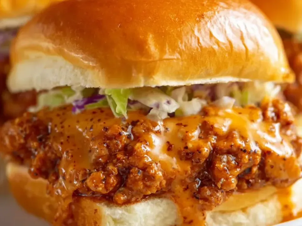 A brioche slider bun on a white plate holding saucy orange-red ground chicken with shredded slaw and a drizzle of pale ranch dressing