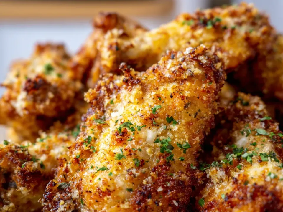 Crisp golden chicken wings with a speckled Parmesan coating and parsley garnish
