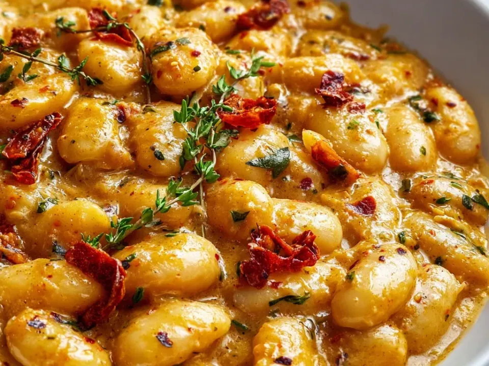 Large whole butter beans in a thick creamy orange-tinted sauce with chopped sun-dried tomato, red chilli flakes, fresh thyme sprigs and chopped herb in a white bowl