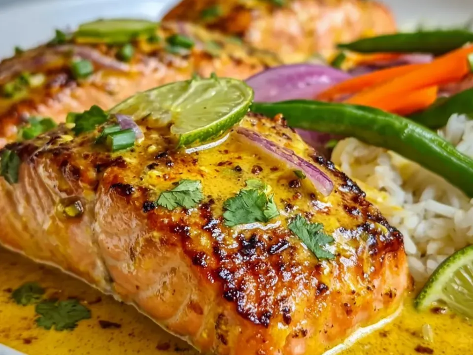Salmon fillets with caramelised part-blackened tops in a bright yellow coconut curry sauce, with lime slices, red onion, green beans and carrot batons alongside and white rice at the edge