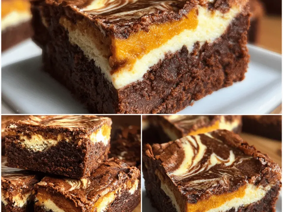 Cut brownie squares with a dark chocolate base, a pale cream cheese and pumpkin band, and a marbled swirled top