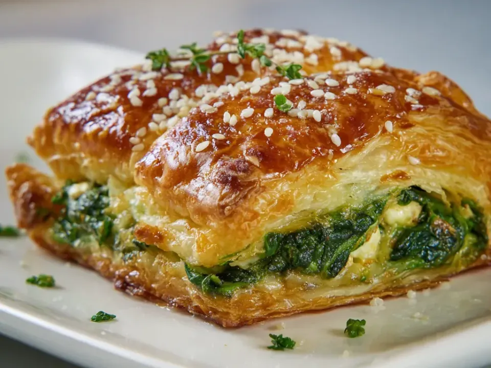 A rectangular baked puff pastry parcel with flaky layers, glazed golden and scattered with sesame seeds and thyme, filled with dark green spinach and white feta