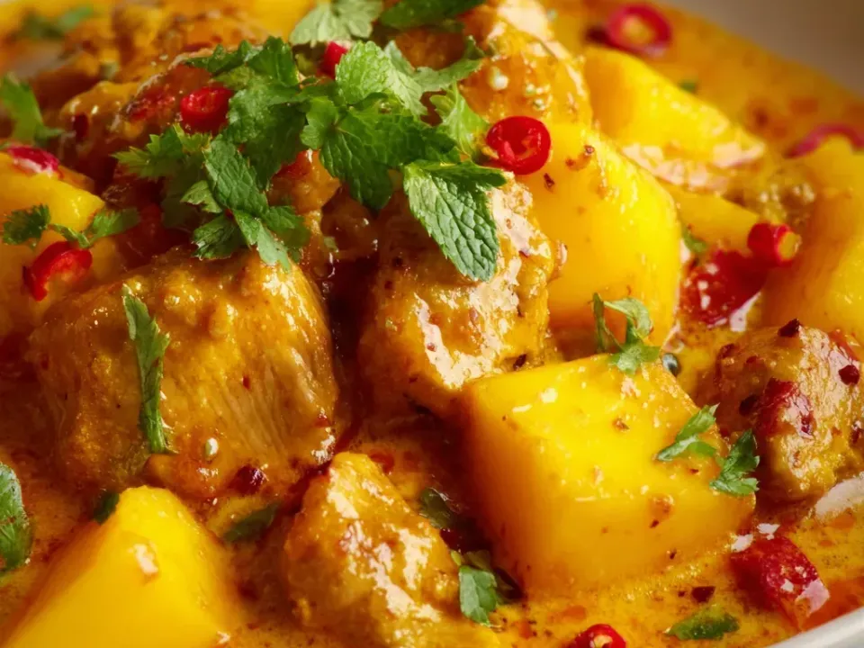 Chicken chunks in a golden-yellow curry sauce with large mango cubes, red chilli slices and cilantro in a white bowl