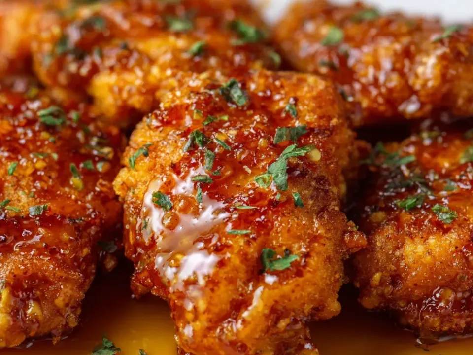 Crisp golden fried chicken cutlets on a white plate coated in a glossy amber hot honey with chopped parsley, honey pooling on the plate beneath