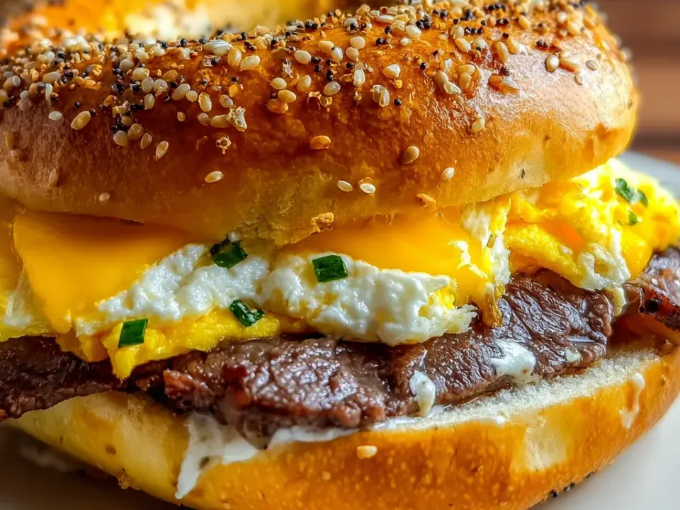 An everything bagel sandwich filled with thin seared steak slices, fluffy scrambled egg, melted yellow cheese and chives, with cream cheese on the bottom half