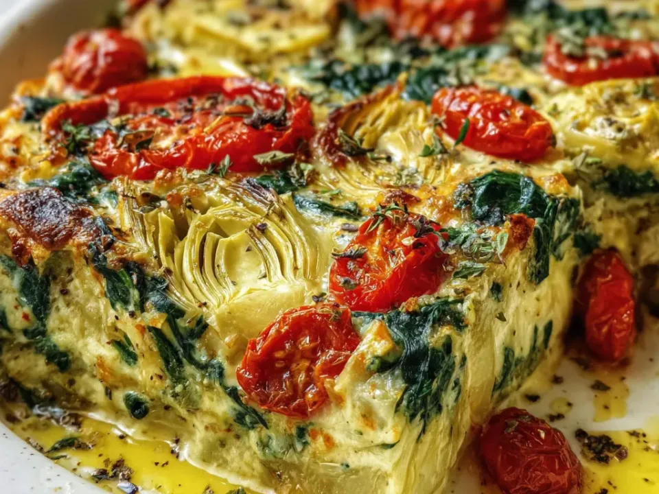 A thick pale-yellow egg-set casserole slice in a white dish with wilted spinach, quartered artichoke hearts and blistered whole cherry tomatoes, browned at the edges