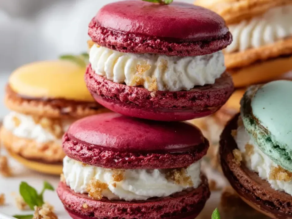 Macaron sandwiches with smooth domed shells and ruffled feet in magenta, yellow, green and brown, filled with thick white piped cream and a crumbly golden element, garnished with mint