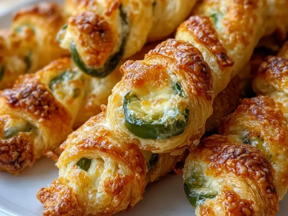 Golden twisted puff pastry sticks wrapped around jalapeño pieces with browned melted cheese showing in the twists, on a white plate