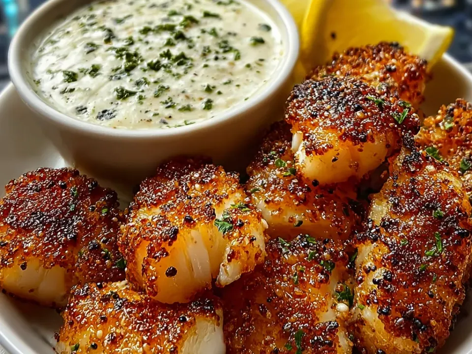 Seared golden cod bites beside a bowl of green herb dip and a lemon wedge