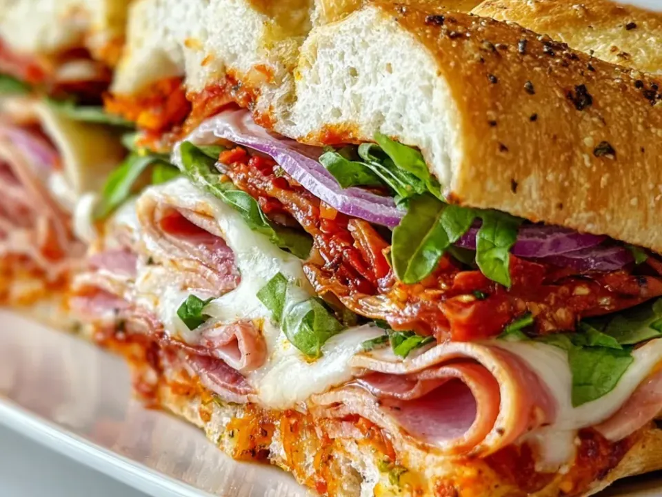 A halved toasted Italian sub loaf with a seasoned crust, filled with folded deli meats, melted white cheese, thin red onion, whole green leaves and a chunky red spread, on a white platter