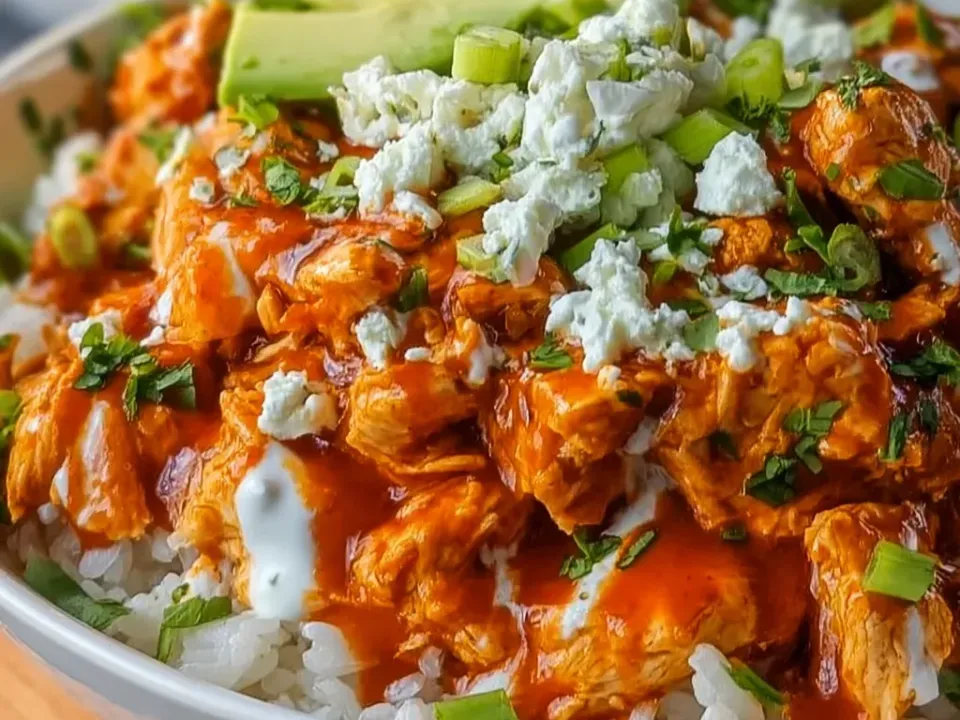 Shredded and chunked chicken coated in bright orange-red buffalo sauce over white rice, topped with crumbled white blue cheese, sliced green onion, sliced avocado, chopped coriander and a thin white ranch drizzle